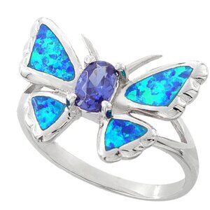 Sterling Silver Lab Opal Butterfly Tanzanite CZ